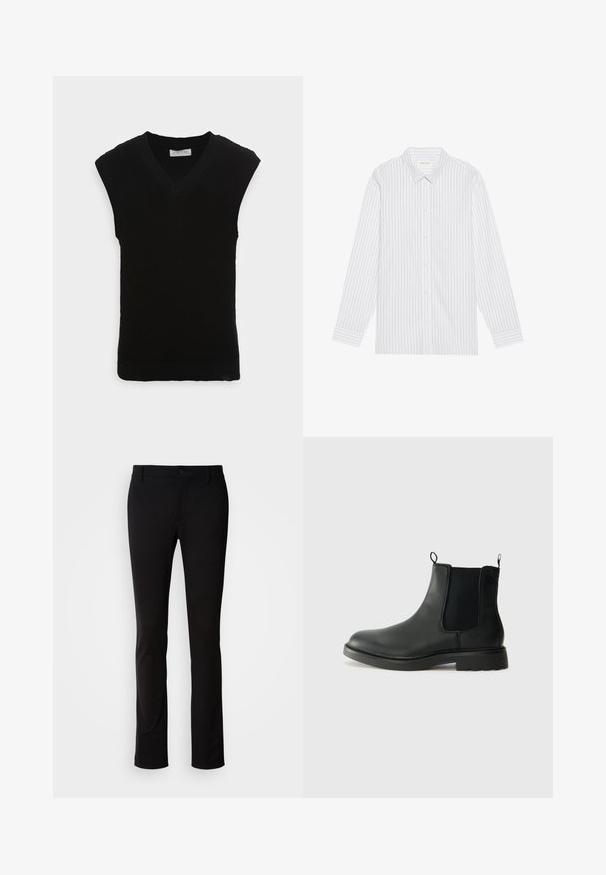 Gilet en maille sans manches noir avec un design en V et une texture côtelée, présentant un ourlet lisse et sans embellissements supplémentaires.; Chemise blanche à boutons avec de fines rayures verticales noires, dotée d'un col classique et de manches longues avec des poignets à boutons.; Pantalon noir en tissu lisse, avec fermeture à bouton, passants de ceinture et coupe droite. Aucun motif ni accent visible.; Bottines Chelsea en cuir noir avec des panneaux élastiques sur les côtés, des languettes de tirage, un bout arrondi et une semelle en caoutchouc texturée. Surface lisse et design robuste.