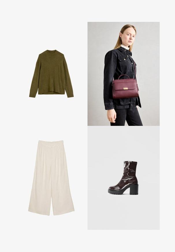 Oliivihreä neulepaita, jossa on ribattu pyöreä kaula-aukko, roikkuvat olkapäät ja rento istuvuus. Helma on hieman pidempi takaa.; Lakan levelegged hameet vaaleanbeige väri, jossa on poimutettu muotoilu ja joustava vyötärö mukavuutta ja helppokäyttöisyyttä varten.; Satea bordeaux berwarna mengkilap dengan tumit hitam tebal, menampilkan tekstur halus dan desain sederhana. Tanpa pengikat atau pola yang terlihat.; Burgundin värinen nahkainen käsilaukku, jossa on kultainen solki, jämäkkä muoto, yläkahva ja säädettävä olkahihna. Mallilla on päällä farkkutakki.