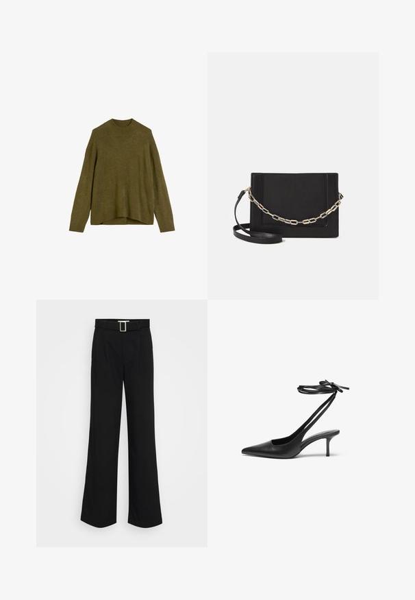 Olive green knit sweater with a ribbed round neck, drop shoulders, and a loose fit. The hem is slightly longer at the back.; Black wide-leg trousers made of lightweight fabric, featuring a smooth texture, front pleats, and a belt with a square metal buckle.; Black leather stiletto shoe with a pointed toe, open back, and ankle straps tied in a bow. Slim 3-inch heel. Smooth texture, minimalist design.; Black leather crossbody bag featuring a smooth texture, rectangular shape, and a metallic chain detail on the front. Adjustable strap included.
