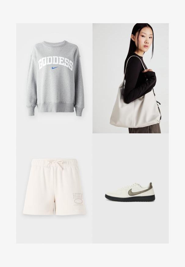 Sweatshirt cinza com punhos e bainha em canelado. Apresenta "GODDESS" em texto branco e um logótipo azul da Nike. Feito de um tecido macio e texturizado.; Calções de algodão bege claro com um cós elástico, cordão ajustável e o logótipo "NIKE SPORTSWEAR" impresso em castanho claro de um lado.; Nike Sportswear FIELD GENERAL - Sapatilhas - off-white/black; Uma bolsa bege feita de material macio, com um design descontraído, detalhes de costura e duas alças para o ombro. Adequada para uso diário.