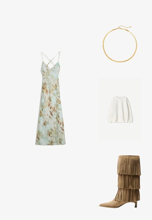 Bershka Felpa - white; Abito lungo con spalline sottili, caratterizzato da un motivo verde chiaro simile a un acquarello con accenti marroni terrosi. Tessuto morbido con una silhouette fluida.; Stivale alla caviglia in suede color ocra con tre strati di frange. Punta affusolata e tacco basso a blocco. Texture liscia su tutta la superficie.; Collana choker in rete dorata con un design piatto e flessibile. Presenta un'estensione a catena per una lunghezza regolabile. Texture liscia, look minimalista.