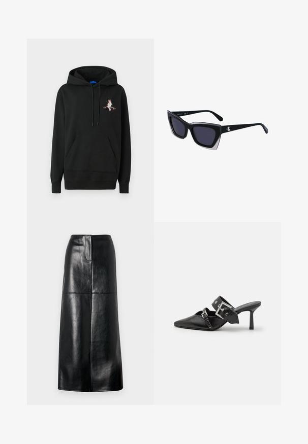 Felpa nera con cappuccio e tasca frontale. Presenta un design colorato ricamato sul petto. Realizzata in tessuto morbido e strutturato.; Gonna midi in pelle nera con una texture liscia, taglio dritto e una leggera lucentezza. Presenta una vita semplice e nessuna ferramenta visibile.; Mule nere con tacco alto e punta affilata, realizzate in pelle liscia. Presentano una larga cinghia alla caviglia con una fibbia quadrata argentata e borchie.; Occhiali da sole oversize neri dalla forma geometrica, con lenti scure e un dettaglio grigio a contrasto sulla montatura. Logo sul braccio.