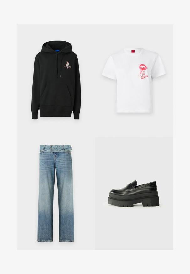 Felpa nera con cappuccio e tasca frontale. Presenta un design colorato ricamato sul petto. Realizzata in tessuto morbido e strutturato.; T-shirt bianco in cotone con maniche corte, caratterizzato da una stampa di labbra rosa e un grafico di rossetto, accompagnato dal testo "La Nuit Devious."; Jeans in denim azzurro chiaro con un design a gamba larga, dotati di una vita con cintura coordinata e una graduale sfumatura da scuro a chiaro.; Mocassini neri in pelle con suola piatta spessa. Punta arrotondata, dettaglio della cucitura frontale e accenti di cucitura sottili. Suola piatta e testurizzata.