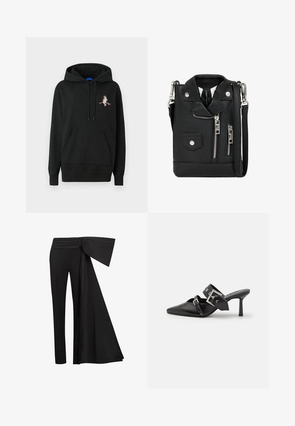 Čierna kapucňová mikina s predným vreckom. Obsahuje farebný vyšívaný dizajn na hrudi. Vyrobená z mäkkej, štruktúrovanej tkaniny.; Čierne nohavice s širokým, drapovaným pásom v oblasti pása. Hladká tkanina, rovný strih nohavíc a plisovaný pás.; Čierne vysoké podpätky mule so špicatou špičkou, vyrobené z hladkej kože. Obsahujú široký členkový remienok so štvrcovým strieborným sponom a cvokmi.; Čierna koženka crossbody taška navrhnutá ako motocyklová bunda. Obsahuje zipsy, patentky a ramenný popruh. Kompaktná s drsným vzhľadom.