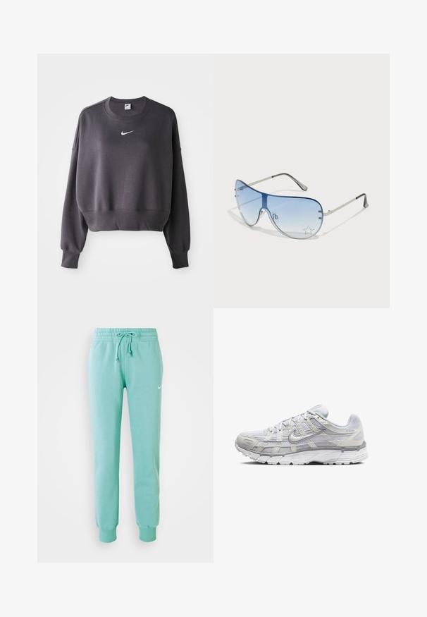 Mörkgrå Nike sweatshirts med lång ärm och vitt Nike-svep-logotyp centrerad på bröstet mot en vit bakgrund.; Myntgröna sweatpants med elastisk midja, dragsko och ribbade ärmar. Har en liten vit Nike-logotyp på vänster lår.; Ljust grå sportskor med ovandel i mesh och syntetmaterial, med snörning, vadderad krage och texturerad sula för grepp.; Pilotglasögon med gradientblå linser, silverfärgad metallram och dekorativa stjärnaccenter på linserna. Snygg och elegant design.