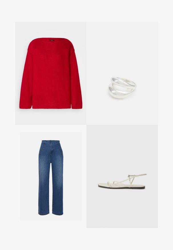 Rød genser laget av mykt, strikket materiale med bred utrigning, lange ermer og rett kant. Glatt tekstur og avslappet passform.; Høyt midje denimjeans i middels blå. Har knappedetaljer foran og bred benstil. Stoffet har en glatt tekstur med lett falming.; Beige flate sandal med flere slanke stropper og en justerbar spenne. Sålen er flat med en svak mørk kontrast langs kanten.; Sølv ring med dobbelt bånd og en glatt, polert overflate. Har et flytende, buet design med overlappende seksjoner for et moderne utseende.