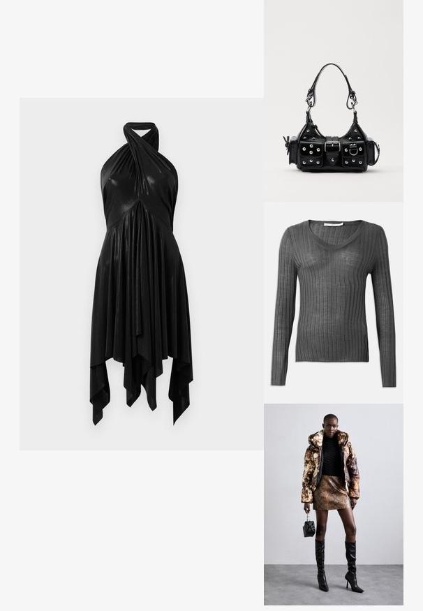 Gray long-sleeve V-neck sweater features a ribbed texture and fitted design. The material appears lightweight and slightly sheer with vertical stripes.; Black halter dress with a draped design. Made of shiny material, featuring a twisted neckline and asymmetrical hem. Smooth texture.; Puffer jacket with a brown and black pattern, paired with a brown snake print mini skirt, black knee-high boots, and a small black bag.; Black leather handbag with a curved design, featuring silver studs, a buckle, and two side pockets. Adjustable strap for carrying options.
