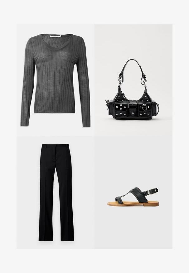 A szürke, hosszú ujjú, V nyakú pulóver bordázott textúrával és testhezálló fazonnal rendelkezik. Az anyag könnyűnek és enyhén áttetszőnek tűnik, függőleges csíkokkal.; Fekete, sima anyagú, egyenes szárú nadrág, lapos elülső résszel, övhurkokkal, és látható zsebek vagy díszítések nélkül.; Fekete bőr szandál állítható csattal, lapos barna talppal és két széles pánttal, amelyek átkereszteződnek a lábon, minimalista dizájnnal.; Fekete bőr kézitáska ívelt designnal, ezüst szegecsekkel, csattal és két oldalsó zsebbel. Állítható vállpánt a hordozási lehetőségekhez.