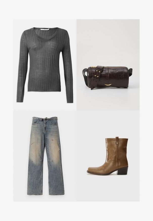 Maglione grigio a maniche lunghe con scollo a V, caratterizzato da una texture a coste e un design aderente. Il materiale sembra leggero e leggermente trasparente, con strisce verticali.; Jeans in denim azzurro chiaro con una vestibilità ampia e gambe dritte. Presentano effetti di usura, scolorimento e dettagli strappati vicino alle ginocchia. Stile classico a cinque tasche.; Stivale alla caviglia in pelle marrone con punta quadrata, finitura testurizzata e tacco basso incassato. Dotato di un pratico tassello posteriore e dettagli di cucitura sottili.; Borsa in pelle stampata a coccodrillo marrone con forma cilindrica, accessori in tonalità oro e una tracolla staccabile con borchie.