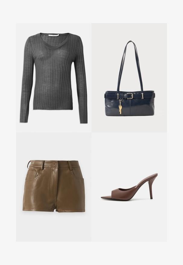 Harmaa pitkähihaisen V-pääkoulun villapaita, jossa on ribattua pintaa ja istuva muotoilu. Materiaali näyttää kevyeltä ja hieman läpinäkyvältä, ja siinä on pystysuorat raidat.; Ruske faux nahkashortsit, joissa on istuva muotoilu, vyötärö vyölenkeillä, etutaskut ja näkyvät ompelusaumat.; Ruskean nahkakengät, joissa on avonainen varvas, korkea kanta ja tyylikäs muotoilu. Kengissä on leveä etuhihna ja hoikka stiletto-korko.; La handbagin sininen nahka, jossa on kaksi pitkää kahvaa, Buckle-yksityiskohta ja avaimenperä kiinnitettynä. Sen pinta on sileä ja muoto on suorakulmainen.; Pari epämuodostuneita soikeita kultasävyisiä metallikorvakoruja, joissa on teksturoitu, hieman hakattu pinta valkoista taustaa vasten.