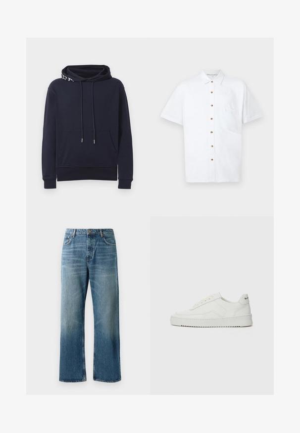 Felpa blu marina con tasca frontale, cappuccio con coulisse caratterizzato da testo parzialmente bianco, e polsini e orlo a costine.; Camicetta bianca a maniche corte in lino, con chiusura frontale a bottoni, taschino sul petto e bottoni in legno come dettagli.; Jeans a palazzo azzurri chiari con lavaggio sbiadito, dotati di chiusura con un bottone, cinque tasche e cuciture in contrasto.; Sneaker in pelle bianca con una finitura liscia, punta rotonda, lacci piatti e suola testurizzata. Presenta un logo discreto sul tallone.