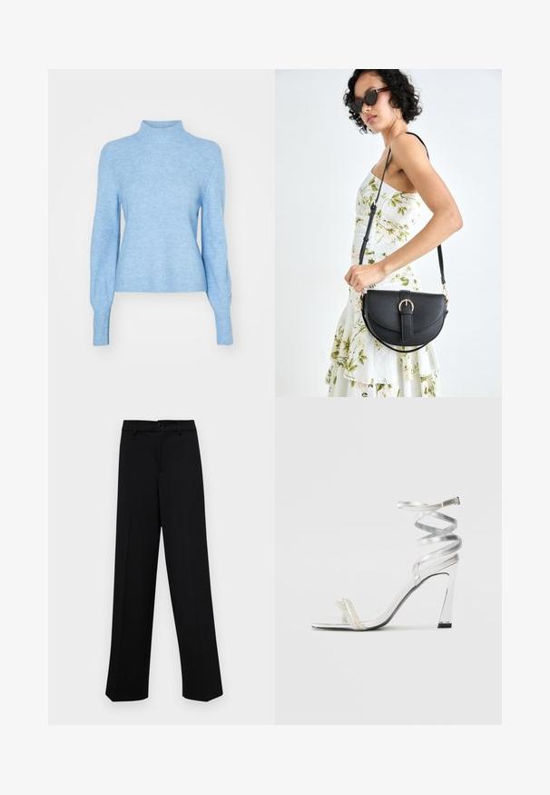 Hellblauer Strickpullover mit hohem Kragen, langen Ärmeln und geripptem Muster. Verfügt über eine taillierte Silhouette und eine glatte Oberfläche.; Schwarze, weit geschnittene Hosen aus glattem Stoff, mit einem klassischen Taillenbund und einem Knopfverschluss sowie vorderen Falten.; Silberne High-Heel-Sandale mit einem glänzenden Riemen-Design, das einen perlenähnlichen Akzent und einen spiralförmigen Knöchelriemen für einen sicheren Sitz bietet.; Schwarze Lederhandtasche mit geschwungener Form, abnehmbarem Tragegurt und goldenen Beschlägen. Die Tasche verfügt über einen Deckel mit einer Schnallen-Details.