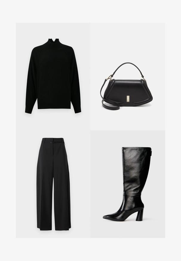 Pull noir à col montant, à manches longues, avec une texture côtelée et une coupe ample. Présente un design original avec des découpes au niveau du col.; Pantalons larges noirs avec une taille haute et une ceinture. Présentent une texture lisse et des lignes épurées, conçus pour un ajustement décontracté.; Botte en cuir noir à hauteur de genoux avec un bout pointu, une texture lisse et un talon épais. Elle présente un zip à l'arrière.; Sac à main en cuir noir avec un design structuré, featuring une forme cropped, une poignée supérieure et des accents en matériel doré. Bandoulière réglable incluse.