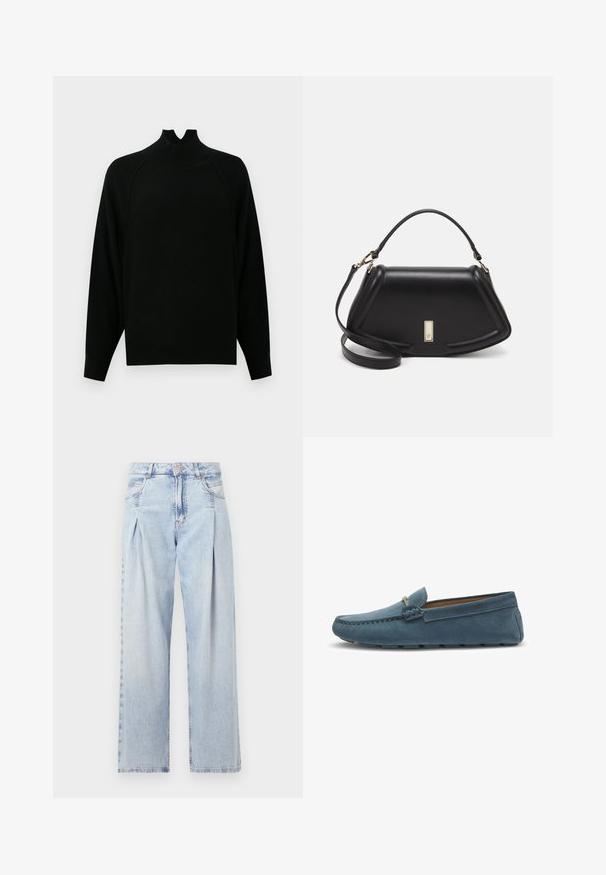 Schwarzer Pullover mit Stehkragen, langen Ärmeln, geripptem Material und lässiger Passform. Bietet ein einzigartiges Ausschnittdesign am Kragen.; Helle blaue Denim-Jeans mit hoher Taille, weitem Beinschnitt, zwei seitlichen Taschen und gefaltetem Design. Weiche Textur mit einem ausgebleichten Finish.; Blaue Wildleder-Slipper mit flacher Sohle, die an den Kanten mit einer gestickten Gestaltung versehen sind und einen dekorativen Metallelement an der Vorderseite besitzen.; Schwarze Lederhandtasche mit einem strukturierten Design, das eine verkürzte Form, einen oberen Griff und goldfarbene Hardware-Details aufweist. Verstellbarer Schulterriemen ist enthalten.