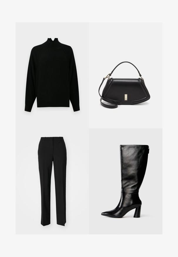 Black mock neck sweater with long sleeves, ribbed texture, and a relaxed fit. Features unique cutout design at the neckline.; Black tailored trousers with a straight-leg design, featuring a smooth texture and crisp creases along the front. No visible hardware.; Knee-high black leather boot with a pointed toe, smooth texture, and a chunky heel. Features a zipper detail at the back.; Black leather handbag with a structured design, featuring a cropped shape, top handle, and gold hardware accent. Adjustable shoulder strap included.