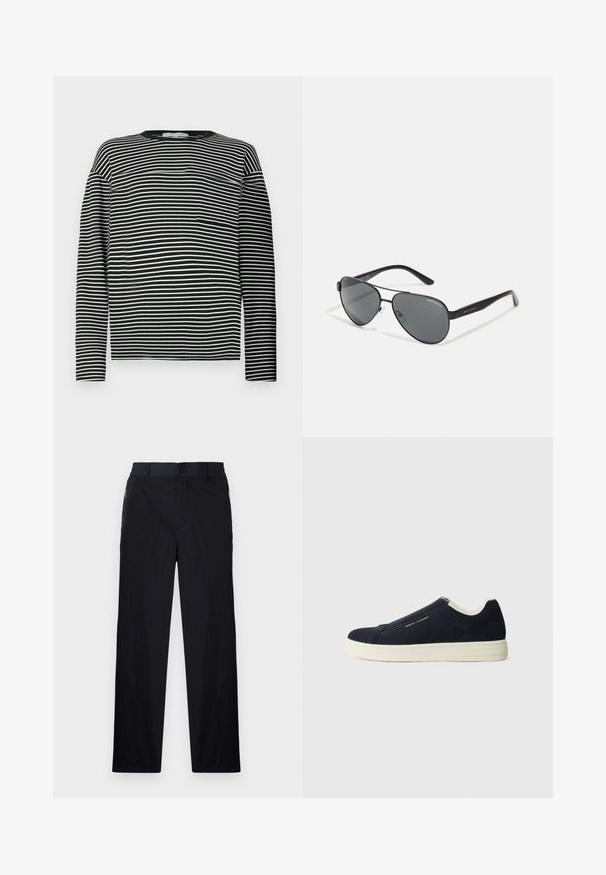 Majica dugih rukava na crno-bijele pruge, s okruglim izrezom i malim džepom na lijevoj strani prsa. Glatka pamučna tkanina.; Crne hlače od lagane, teksturirane tkanine, ravnog kroja, s elastičnom gumicom u struku i bočnim džepovima sa zatvaračem.; Tamno plave suede klompe s bijelim gumiranim đonom, s ušivenim dizajnom i suptilnim brendiranjem sa strane.; Crne avijatorske sunčane naočale s tamnim staklima, tankim metalnim okvirom i vitkim plastičnim drškama koje imaju akcentuirane logotipe.