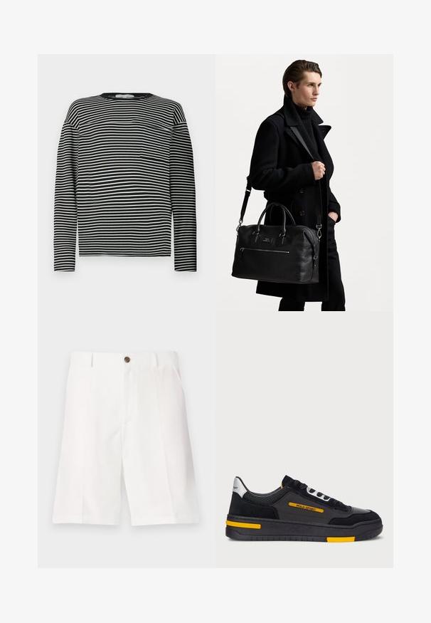 Long-sleeve striped shirt in black and white, featuring a rounded neckline and a small chest pocket on the left side. Smooth cotton fabric.; White bermuda shorts made of lightweight fabric with a relaxed fit, featuring a single brown button and front pockets.; Black sneakers with a suede and mesh upper, yellow accents, and a thick black sole. Lace-up closure and "POLO SPORT" branding on the side.; Black leather duffel bag with top handles and detachable shoulder strap. Textured surface, front zip pocket, and minimal branding detail.
