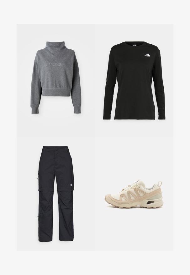 Sudadera gris corta con un collar alto, que presenta "BOSS" en strass en el pecho y puños y dobladillo acanalados. Textura de material suave.; Camiseta de manga larga negra de algodón con cuello redondo. Presenta un pequeño logotipo blanco en la parte izquierda del pecho. Diseño y ajuste simples.; Pantalones cargo de nailon negro con cremallera desmontable, puños ajustables, múltiples bolsillos y un logotipo en la pierna derecha. Textura suave y ligera.; Zapatilla deportiva beige y crema con parte superior de malla texturizada, superposiciones de soporte y suela de goma con un patrón de tracción.