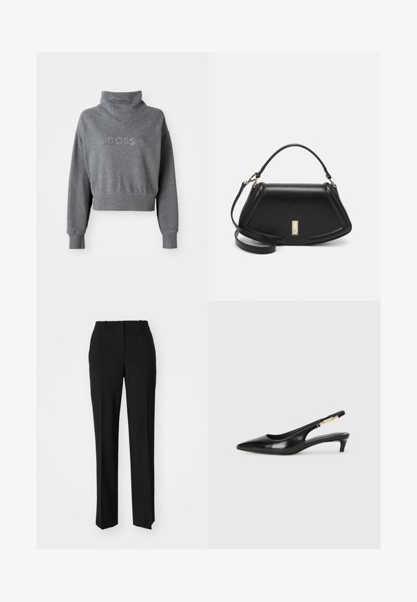 Šedý zkrácený svetr s vysokým límcem, na hrudi s nápisem "BOSS" ve flitrech a s žebrovanými manžetami a lemem. Měkká textura materiálu.; Černé kalhoty na míru se střihem do rovna, které mají hladkou texturu a ostré sklady na přední straně. Bez viditelného kování.; Černé kožené boty na podpatku s otevřenou patou a špičatou špičkou, s tenkým podpatkem a zlatým akcentem na nastavitelném pásku. Hladký povrch.; Černá kožená kabelka se strukturovaným designem, jejíž tvar je zkrácený, má horní rukojeť a zlaté kovové detaily. Součástí je i nastavitelný ramenní popruh.