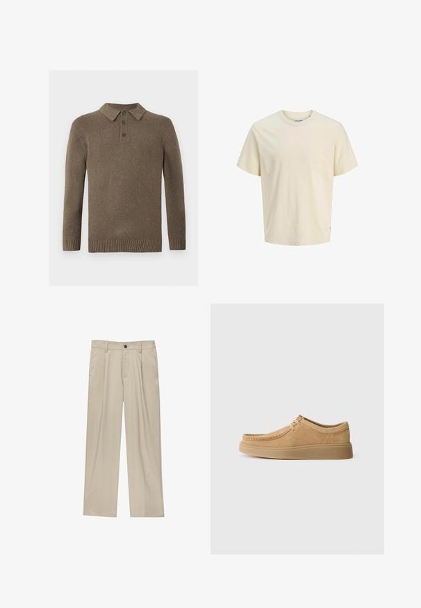Brązowy, dzianinowy sweter polo z długim rękawem, z trzema ciemnymi guzikami oraz ściągaczami przy mankietach i u dołu, prezentowany na białym tle.; Jasno beżowa bawełniana koszulka z okrągłym dekoltem, krótkimi rękawami i luźnym krojem. Posiada minimalne logo blisko dołu. Gładka struktura.; Beżowe spodnie o prostym kroju, z pojedynczym czarnym guzikiem, szlufkami na pasek oraz bocznymi kieszeniami. Gładka faktura materiału i minimalistyczny design.; Zamszowe buty na sznurówki w jasnym odcieniu brązu, z okrągłym noskiem, przeszyciami oraz płaską gumową podeszwą, prezentujące gładką teksturę.