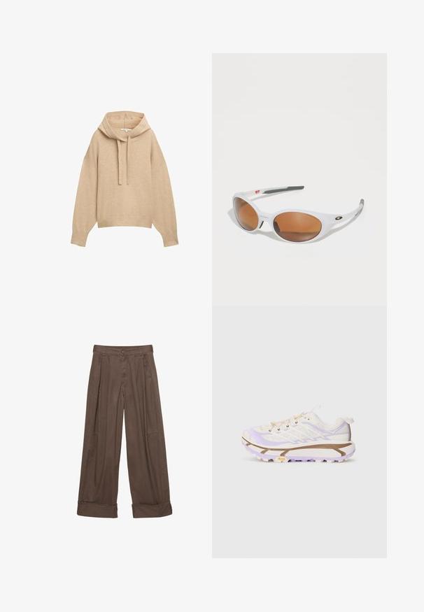 Beige huppari, jossa on rento istuvuus, ribbattut hihansuut ja helma. Siinä on naruotsikko ja pehmeä, teksturoitu kangas.; Valkoinen lyhythihainen t-paita, jossa on pyöreä pääntie, rento istuvuus ja hieman kaareva helma. Valmistettu sileästä ja pehmeästä kankaasta, jossa on minimaalinen sauma.; Ruske leve hlače širokega kroja iz bombaža, z gumbnim zapiranjem, gubanimi sprednjimi deli in zavihanimi robovi za sproščen videz.; Kevyt juoksukengät, joissa on kerma- ja laventelinvärinen verkkopäällinen, vahvistettu kumipohja ja erottuvat urat pitoa varten.; Valkoiset aurinkolasit ruskeilla linsseillä, soikea muoto, valmistettu sileästä muovista, jossa on harmaita yksityiskohtia varsissa ja logo kehysosassa.; Tummansininen bandana, jossa on valkoisia paisley- ja pistekuvioita, ja se on reunustettu monimutkaisella valkoisella yksityiskohdalla. Pehmeää kangasta ja neliön muotoinen.