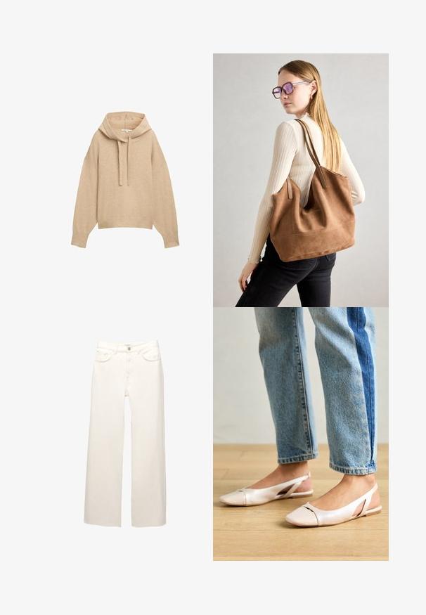 Hanorac bej cu glugă, cu o croială lejera, manșete și tiv ribbed. Dispune de o glugă cu șnur și un material moale, texturat.; Jeansi albi cu picioarelate, din denim, cu cinci buzunare, fermoar și închidere cu buton. Materialul are o textură subtilă și cusături minime.; Sandalete plate de un roz pal cu vârf ascuțit, realizate dintr-un material asemănător pielii, neted. Prezintă detalii decupate pe laterale și un toc plat.; Geantă de umăr din suede maro, cu o textură moale, deschidere mare și curele lungi. Prezintă un design simplu, cu cusături vizibile și fără accesorii metalice.
