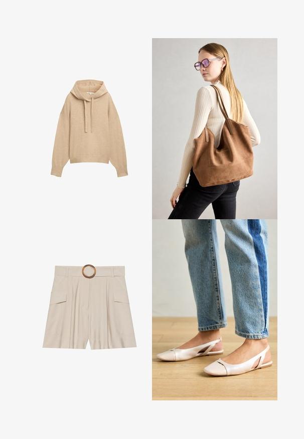 Bežinė su kapuce, laisvo kirpimo, su įsiūtais rūbų rankogaliais ir apatine dalimi. Su raišteliu reguliuojama kapuce ir minkšta, tekstūruota medžiaga.; Šviesiai rudos spalvos aukštai juosmeniški šortai su plačiu, lygia juosta, mediniu apvaliu užsegimu, klostuota priekiu ir dviem šoninėmis kišenėmis. Lygi audinio tekstūra.; Šviesiai rožiniai slingback baleto bateliai su smailiu pirštu, pagaminti iš lygios odai panašios medžiagos. Yra išpjovimų detalės šonuose ir plokščias kulnas.; Ruda zomšos rankinė su minkšta tekstūra, dideliu atidarymu ir ilgomis diržais. Pasižymi paprastu dizainu, matomomis siūlėmis ir be aksesuarų.