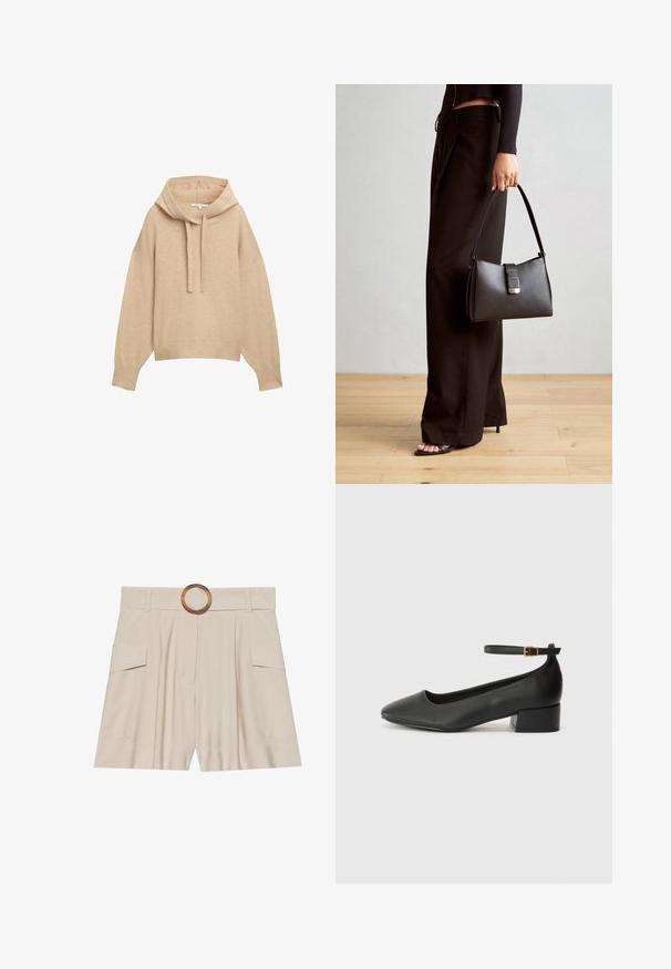 Bežinė su kapuce, laisvo kirpimo, su įsiūtais rūbų rankogaliais ir apatine dalimi. Su raišteliu reguliuojama kapuce ir minkšta, tekstūruota medžiaga.; Šviesiai rudos spalvos aukštai juosmeniški šortai su plačiu, lygia juosta, mediniu apvaliu užsegimu, klostuota priekiu ir dviem šoninėmis kišenėmis. Lygi audinio tekstūra.; Juodas odinis aukštakulnis batelis su smailiu pirštu ir žemu bloku. Su kulkšnies dirželiu su auksinės spalvos sagtimi. Lygus paviršius.; Juodas rankinė struktūrizuota forma, lygi tekstūra ir metalinis užsegimas. Suporuota su plačiomis juodomis kelnėmis ir atvirais bateliais ant medinių grindų.