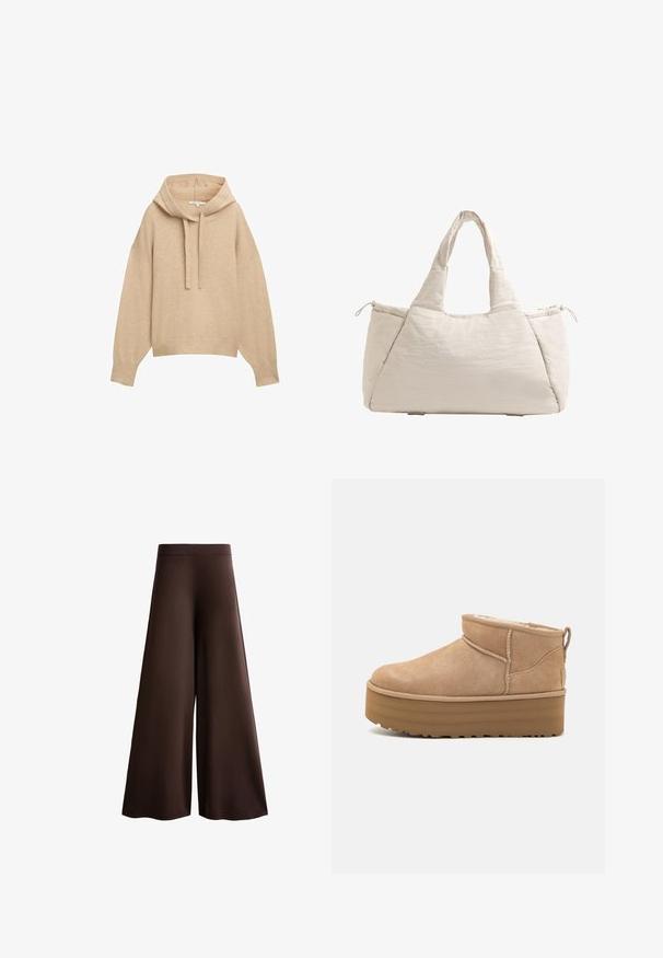 Beige Kapuzensweatshirt mit lockerer Passform, gerippten Bündchen und Saum. Verfügt über eine Kordelzugkapuze und einen weichen, strukturierten Stoff.; Braune weite Hosen aus weichem Stoff, mit hoher Taille, subtiler Textur und einer fließenden Silhouette ohne sichtbare Verschlüsse oder Verzierungen.; Beige Wildleder-Ankle Boots mit einem weichen Innenfutter, ausgestattet mit einer Plateausohle und einer Zuglasche hinten für einen einfachen Einstieg. Strukturiertes Gummiprofil.; Beige gesteppte Tragetasche mit zwei Griffen, runder Form, strukturiertem Stoff und einer seitlichen Kordelzugtasche. Glatte Oberfläche, minimalistisches Design.