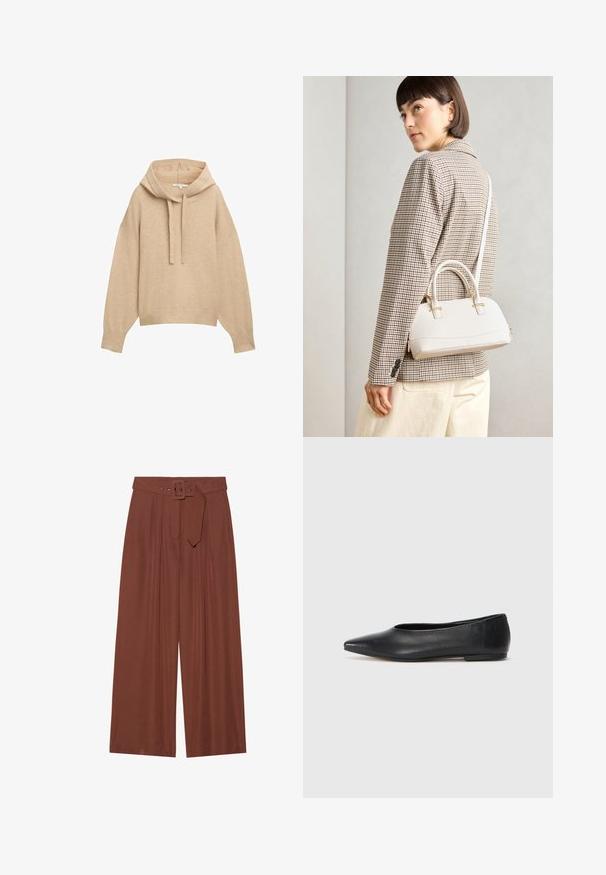 Sudadera con capucha beige de corte holgado, con puños y dobladillo de canalé. Presenta una capucha con cordón y una tela suave y texturada.; Pantalones de pierna ancha en tela marrón, con un cinturón de hebilla cuadrada, diseño plisado y textura suave.; Bailarinas de cuero negro, punta afilada, diseño minimalista, textura suave, tacón bajo, sin herrajes ni adornos visibles.; Bolso estructurado blanco con asas cortas y una correa para el hombro, que presenta detalles en dorado y material texturizado, exhibido sobre un fondo gris.