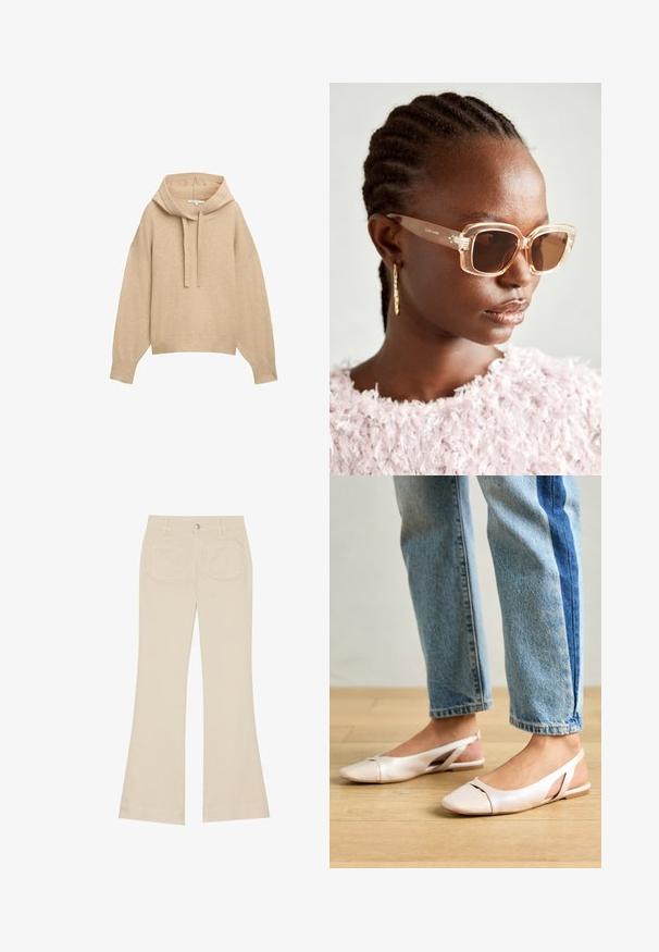 Béžová mikina s kapucí a volným střihem, žebrovanými manžetami a lemem. Obsahuje kapuci se stahovací šňůrkou a měkkou, texturovanou tkaninu.; Béžové zvonové kalhoty s vysokým pasem, vyrobené z bavlněné tkaniny. Obsahují přední a zadní kapsy, poutka na opasek a jeden stříbrný knoflík.; Světle růžové slingback baleríny s špičatou špičkou, vyrobené z hladkého koženému materiálu. Obsahují vystřihovací detaily po stranách a plochý podpatek.; Béžové oversized sluneční brýle s transparentním rámem a hnědými skleněnými čočkami, které mají jemné květinové detaily a výrazný, geometrický design.