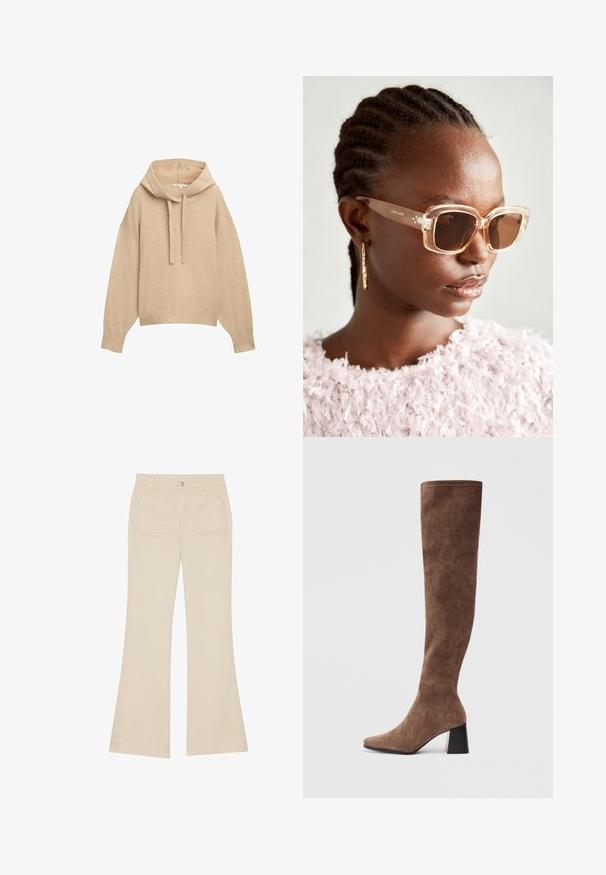 Beige hoodie met een losse pasvorm, geribbelde manchetten en zoom. Voorzien van een trekkoord in de capuchon en een zachte, gestructureerde stof.; Beige wijde broek met een hoge taille, gemaakt van katoen. Voorzien van voor- en achterzakken, riemlussen en een enkele zilveren knop.; Bruine boven-de-knie laarzen van zacht suede met een spitse neus en een chunky zwarte hak. Het ontwerp heeft naadloze stiksels voor een strakke uitstraling.; Beige oversized zonnebril met een doorzichtig montuur en bruine getinte glazen, met subtiele bloemaccenten en een gedurfde, geometrische ontwerp.