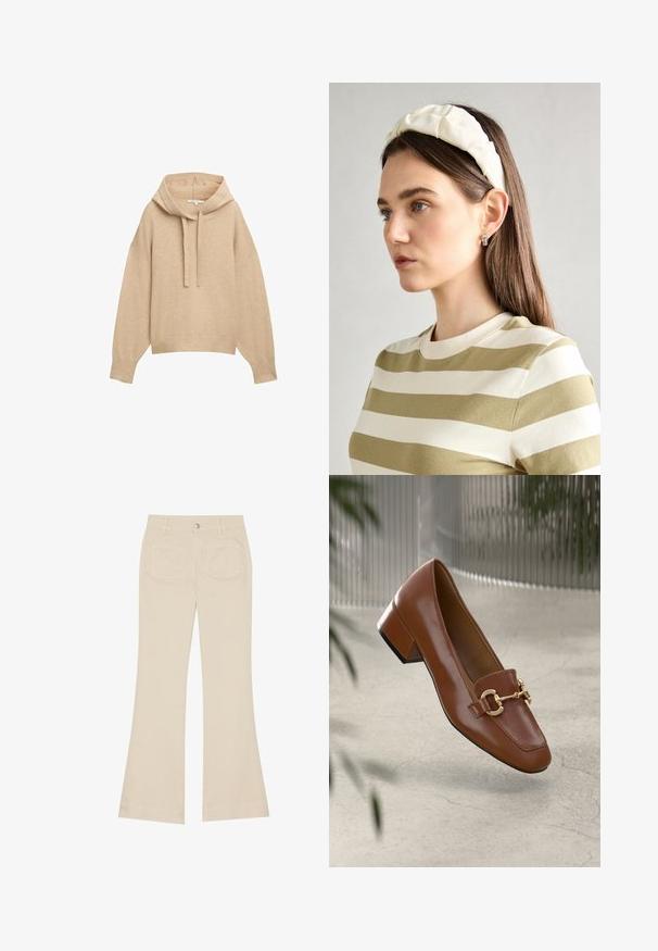 Beige hoodie met een losse pasvorm, geribbelde manchetten en zoom. Voorzien van een trekkoord in de capuchon en een zachte, gestructureerde stof.; Beige wijde broek met een hoge taille, gemaakt van katoen. Voorzien van voor- en achterzakken, riemlussen en een enkele zilveren knop.; Bruine lakleren loafer met vierkante neus, metallic kettingaccent en lage blokhak; gladde textuur, minimalistisch ontwerp.; Crème geklede hoofdband met gedraaide ontwerp, gecombineerd met een beige en witte gestreepte shirt met een ronde hals. Subtiele sieradenaccenten.