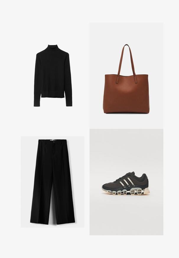 Crna rolka od mekog pletiva. Ima duge rukave i prilagođeni kroj s ravnim rubom.; Crne široke hlače izrađene od lagane tkanine, s prednjim zatvaranjem na dugme i ravnim prednjim dijelom, sa uredno šivenim rubovima.; Crne atletske tenisice s teksturiranim gornjim dijelom, tri srebrne pruge i posebnim potplatom s višestrukim integriranim sekcijama.; Smeđa kožna torba preko ramena s glatkom teksturom, otvorenim vrhom i dvjema naramenicama. Ima minimalne šavove i nema vidljivog hardvera.