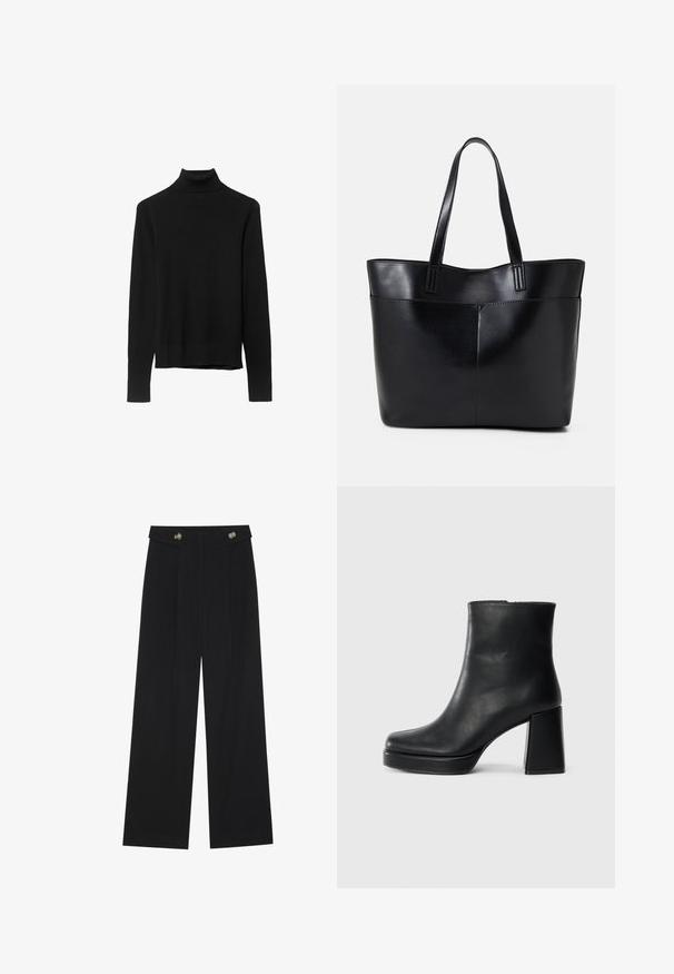 Musta poolapüksi kootud pehmest kangast. Omab pikki varrukaid ja õiget kujundust sirge allääriga.; Mustat leveälahkeiset housut, joissa on korkea vyötärö, napit vyötärönauhassa ja etupuolella laskokset.; Musta nahkasaapas nilkkapituisena, jossa on paksu korko ja alustapohja, nähtynä sivulta yksinkertaisella valkoisella taustalla.; Musta nahkainen kassi, jossa on kaksi pitkää kahvaa, sileä pinta ja jämäkkä muoto. Sisältää etutaskun lisävarastointia varten.