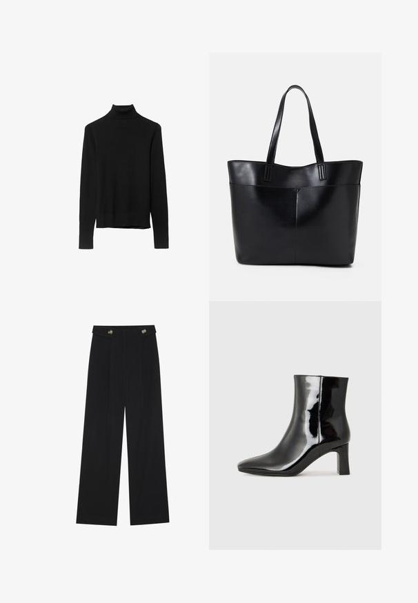 Črna pulover majica z visoko ovratnikom, izdelana iz mehkega pletenega materiala. Ima dolge rokave in prilegajočo se zasnovo s ravnim robom.; Črne široke hlače s visokim pasom, gumbnimi detajli na pasu in sprednjimi gubami.; Črne lakirane gležnjarje z ošiljenim nosom in srednje visokim blokastim peto. Gladka tekstura in minimalističen dizajn.; Črna usnjena torba z dvema dolgima ročajema, gladko teksturo in strukturirano obliko. Ima sprednji žep za dodatno shranjevanje.