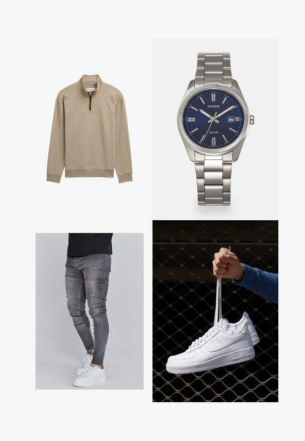 Beesidise fliisist pullover poole tõmblukuga kaeluses, ribidega mansetid ja äär. Omab peent logo vasakul küljel.; Kitsad teksad tuhmhall denimil, millel on kulunud detailid põlvedes, koos valgete tossudega. Sile tekstuur, kitsas lõige.; Valged nahast tennisetossud, millel on perforatsioonid, ümar nina, lame tallus ja paksud nöörid, nähtava swooshi logoga ja "AIR" kontsadel.; Hõbedane roostevabast terasest käekell, tumesinise lõpliku, metallsete tuntud numbrite ja kuupäevanäidikuga kell 3 juures. Veekindel kuni 50 meetrit.