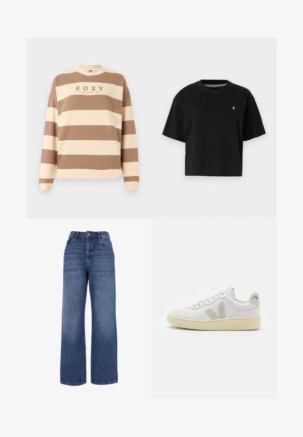 Brown and cream striped sweatshirt with a crew neck and drop shoulders. Features "ROXY ESTABLISHED 1990" in the center. Cotton blend material.; Black cropped t-shirt made of cotton, featuring short sleeves, a round neckline, and a small white logo on the left chest.; Wide-leg denim jeans made from medium-weight blue cotton fabric. Features classic five-pocket design and a zip fly with button closure.; White leather sneaker with beige suede accents, perforated toe box, flat laces, and a textured cream sole. Features subtle branding on heel.