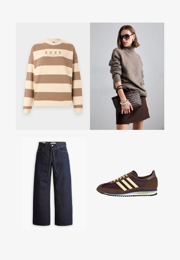 Brązowy i kremowy sweter w paski z okrągłym dekoltem i opadającymi ramionami. Zawiera napis "ROXY ESTABLISHED 1990" na środku. Materiał mieszanka bawełny.; Biała koszula z długim rękawem i okrągłym dekoltem. Materiał ma teksturowany wzór z pionowymi liniami i ściągaczowymi detalami.; Spodnie dżinsowe w kolorze ciemnoniebieskim o szerokich nogawkach i wysokim stanie, z wiązaniem na sznurki, pięcioma kieszeniami oraz kontrastowymi detalami w staszcu.; Brązowe i burgundowe sneakersy wykonane z zamszu i siateczkowych materiałów, z trzema kremowymi paskami, teksturowanym materiałem na języku i gumową podeszwą.; DRAGON DIFFUSION GORA ciemnobrązowy