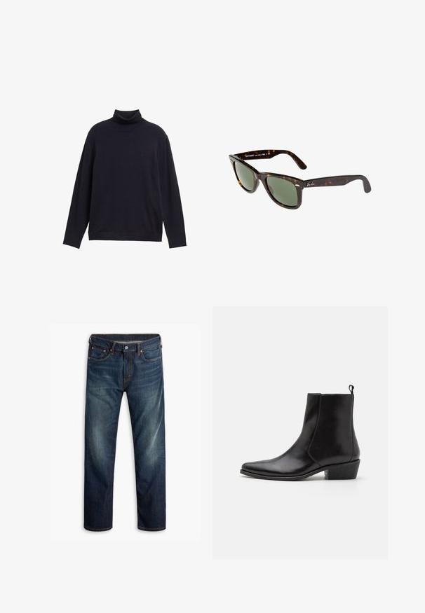 Pulover cu guler înalt de culoare bleumarin, confecționat dintr-un material tricotat neted, având mâneci lungi și o croială lejeră. Logo mic pe piept.; Jeans din denim albastru închis, cu ușoare decolorări pe coapse, design cu cinci buzunare, închidere cu buton și cusături portocalii vizibile pe un fundal alb.; Zign LEATHER - Botine cowboy/biker - black; Ochelari de soare Wayfarer cu cadru din plastic texturat de culoare tortoiseshell închis, lentile verzi și logo-ul Ray-Ban argintiu pe bradă.