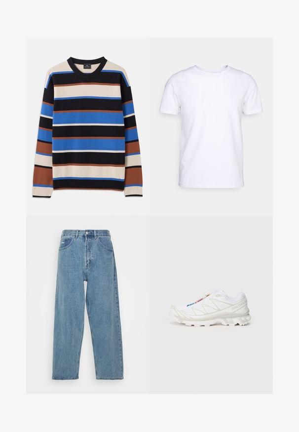 Pleten pulover z vodoravnimi črtami v modri, črni, bež in rjavi barvi, z rebrastim ovratnikom in manšetami. Srednje težka tekstura.; Bela majica s kratkimi rokavi iz bombaža z okroglim izrezom. Preprost dizajn brez vzorcev ali poudarkov. Gladka tekstura.; Svijetloplave traperice s visokim strukom i opuštenim krojem, koje imaju dvije prednje džepove, jedan stražnji džep i zatvaranje na gumb.; Bela športna obutev z teksturiranim mrežastim zgornjim delom, odsevni detajli in oblazinjen podplat. Oznaka znanega blagovne znamke je vidna na strani.