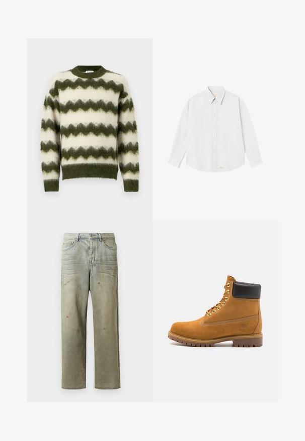 Zielono-biały sweter w wzór zygzak wykonany z miękkiego, puszystego materiału, z okrągłym dekoltem i ściągaczami przy mankietach.; Biała koszula z długim rękawem i klasycznym kołnierzykiem, o zaokrąglonym dole; na dole po lewej stronie znajduje się małe pomarańczowe logo.; Zniszczone dżinsy w jasnym zielonym kolorze, z prostymi nogawkami, pięcioma kieszeniami oraz nierównomiernym blaknięciem i plamami farby.; Beżowe zamszowe botki sięgające kostki z czarną wyściełaną krawędzią, złotymi oczkami, białymi detalami szycia oraz wytrzymałą gumową podeszwą z wyraźnym bieżnikiem.
