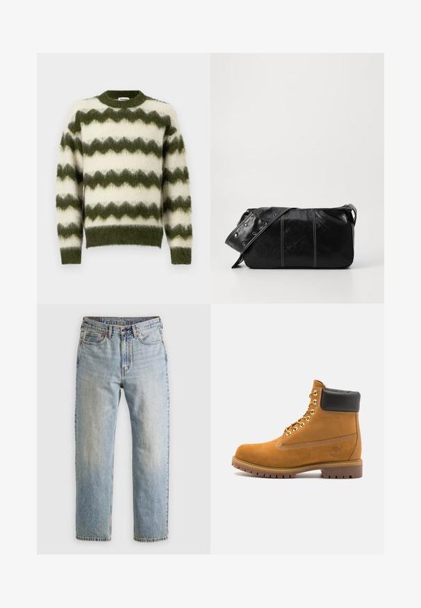 Zöld és fehér cikkcakk mintás pulóver, puha, bolyhos anyagból készült, kerek nyakkivágással és bordás mandzsettákkal.; Krém színű, pamut póló rövid ujjakkal és kerek nyakú kivágással. Kék és piros grafikával, szöveggel és motívummal díszített.; Világoskék farmernadrág magas derékkal, elülső gombbal, cipzárral és öt zsebbel, sima háttérre fektetve.; Barna velúr bokacipő fekete párnázott gallérral, arany fém fűzőlyukakkal, fehér varrási részletekkel és durva gumitalppal, amelynek kifejezett barázdái vannak.; Fekete bőr válltáska, cipzárral zárva, texturált felülettel, fehér varrással és ezüst fémgyűrűs pánttal.