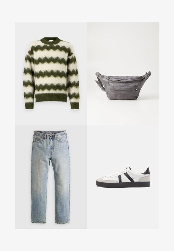 Green and white zigzag patterned sweater made of soft, fluffy material with a round neckline and ribbed cuffs.; Light blue denim jeans with high waist, front button, zipper, and five-pocket design, laid flat on a neutral background.; White sneaker with black and gray accents, featuring a textured gray toe cap, black rubber sole, and flat white laces. Clean design, minimalist style.; Gray suede fanny pack with a rounded shape, two zippered compartments, and adjustable strap. Features metal hardware accents.