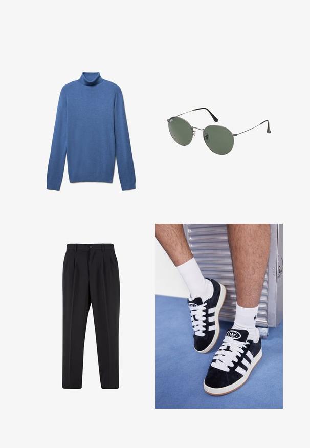 Blauer Rollkragenpullover aus weichem Material. Mit langen Ärmeln, geripptem Kragen und Bündchen sowie einer glatten Textur. Keine Muster oder Beschläge.; Schwarze Hose mit plissiertem Vorderdesign, aus glattem Stoff gefertigt. Mit Knopfverschluss und Gürtelschlaufen; gerade Passform.; Schwarze Wildledersneaker mit weißen Schnürsenkeln und drei weißen Streifen. Verfügt über ein kreisförmiges schwarzes Logo auf der Zunge und eine Gummisohle.; Metallgestellte Sonnenbrille mit ovalen grünen Gläsern. Dünner silberner Metallrahmen und schwarze Ohrstücke. Minimalistisches Design, keine sichtbaren Logos.