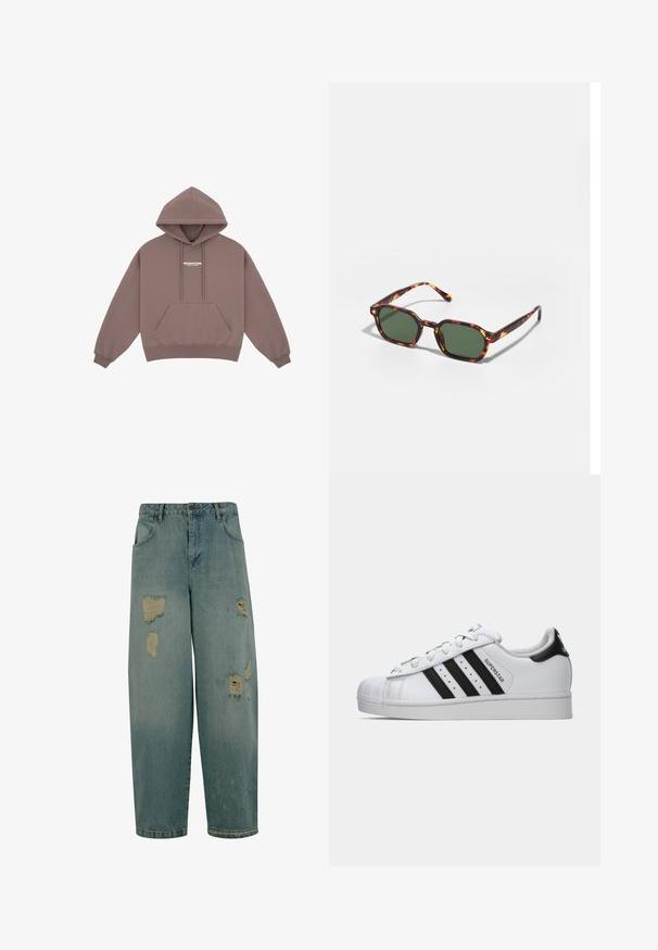 Pullover-hoodie i dämpad brun färg, med en känguruficka, snörknäppning på huvan och liten vit logotyp på bröstet. Mjuk tygtextur.; Ljust blå denimjeans med avslappnad passform, med flera slitna lappar och fransade kanter. Klassisk femfickorsdesign.; Vit Adidas Superstar-sko med svarta ränder, skaligtå och "Superstar"-text på sidan, visad i vänsterprofil på vit bakgrund.; Sköldpaddsbeslag av solglasögon med gröna linser, vinklade i en oktagonal form och med smala, böjda skalmar. Materialet har en glansig yta.