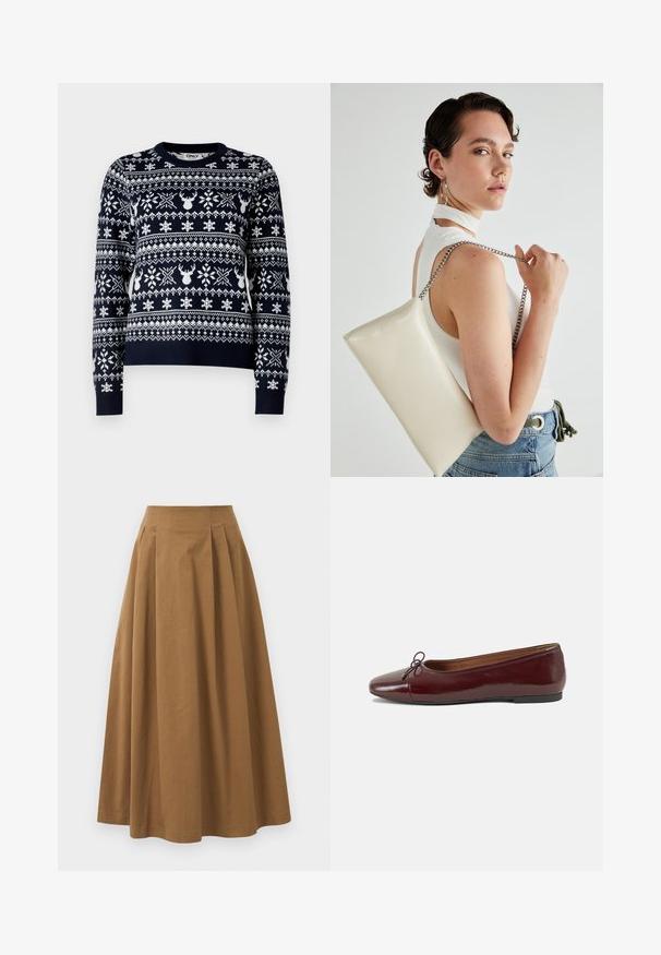 Maglione blu navy con modelli di fiocchi di neve e renne bianchi, colletto rotondo, maniche lunghe e orlo a costine.; Gonna A-line in cotone marrone con vita alta, caratterizzata da pince sulla parte anteriore e una texture liscia. Le finiture dell'orlo sono pulite e semplici.; Ballerine in pelle verniciata bordeaux con punta arrotondata, piccolo fiocco decorativo sulla parte anteriore e suola bassa in gomma nera. Texture liscia.; Borsa a pochette rettangolare bianca realizzata in materiale lucido, con una tracolla in catena argentata. Il modello posa, mostrando la borsa su uno sfondo semplice.