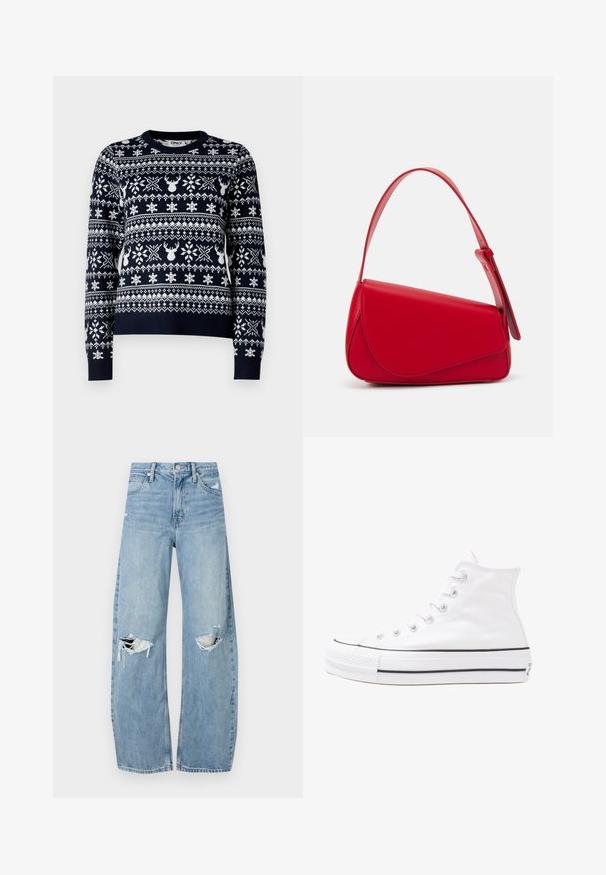 Maglione blu navy con modelli di fiocchi di neve e renne bianchi, colletto rotondo, maniche lunghe e orlo a costine.; Jeans azzurri chiari a vita alta realizzati in denim. Presentano gambe larghe, due aree strappate sulle ginocchia e il classico styling a cinque tasche.; Sneaker alta in tela bianca con suola in gomma nera, punta in gomma frontale e sei asole per i lacci, caratterizzata da un design pulito e minimalista.; Borsa a tracolla in pelle rossa con un design angolare e geometrico. Presenta una singola tracolla regolabile e una chiusura a patta con dettagli cuciti.