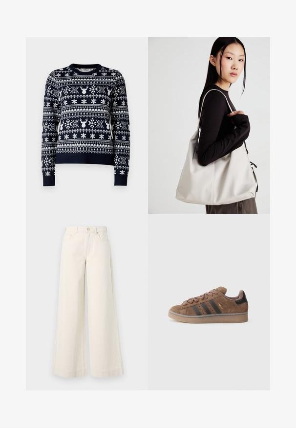 Navy knit sweater featuring white snowflakes and reindeer patterns, round neckline, long sleeves, and ribbed hem.; Wide-leg, light beige denim trousers with a high waist, two front pockets, button closure, and subtle stitching detail.; Brown suede sneaker with three dark stripes, textured lace-up front, and a contrasting black heel. Features a rubber sole and gold branding.; Beige handbag made of soft material, featuring a slouchy design, stitched detailing, and two shoulder straps. Suitable for everyday use.