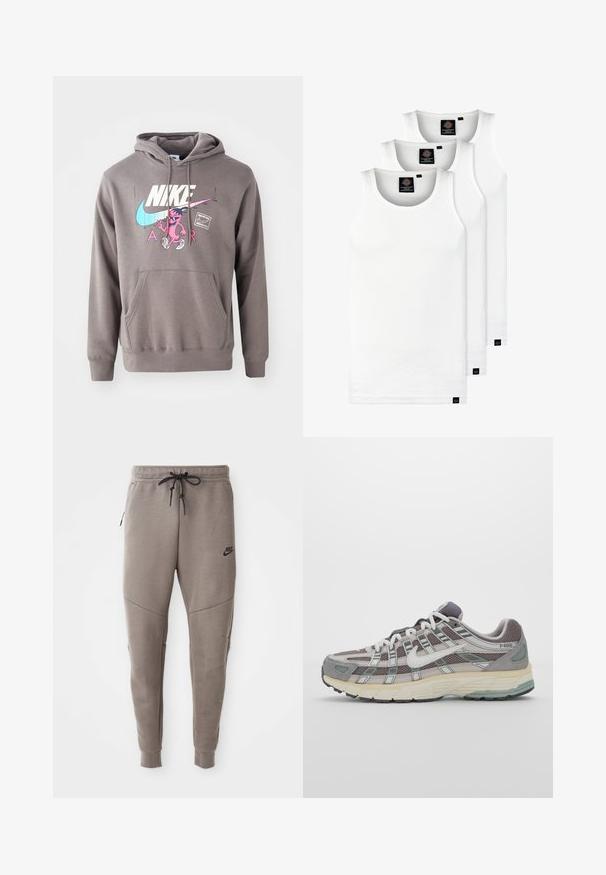 Šedá mikina s kapucí a přední kapsou, která zdobí velké bílé logo Nike, růžová grafika postavy a světle modré detaily. Měkký materiál, nastavitelná kapuce.; Tři bílé žebrované tílka vyrobené z bavlny. Mají kulatý výstřih a malé černé štítky poblíž lemu. Dostupné v několika velikostech.; Šedé Nike tepláky s elastickým pasem na šňůrku, zúženými nohavicemi, bočními kapsami a charakteristickým švem. Měkká, strukturovaná tkanina.; Šedá sportovní obuv s vrchní částí z mikrovlákna a semiše, bílými akcenty, polstrovanou podrážkou a jedinečným designem s reflexními prvky.